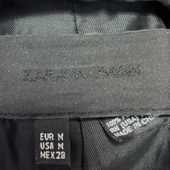 Zara Women's Black Faux Vegan Leather Belted Collar Trench Coat Rain Jacket Sz M - Picture 4 of 5